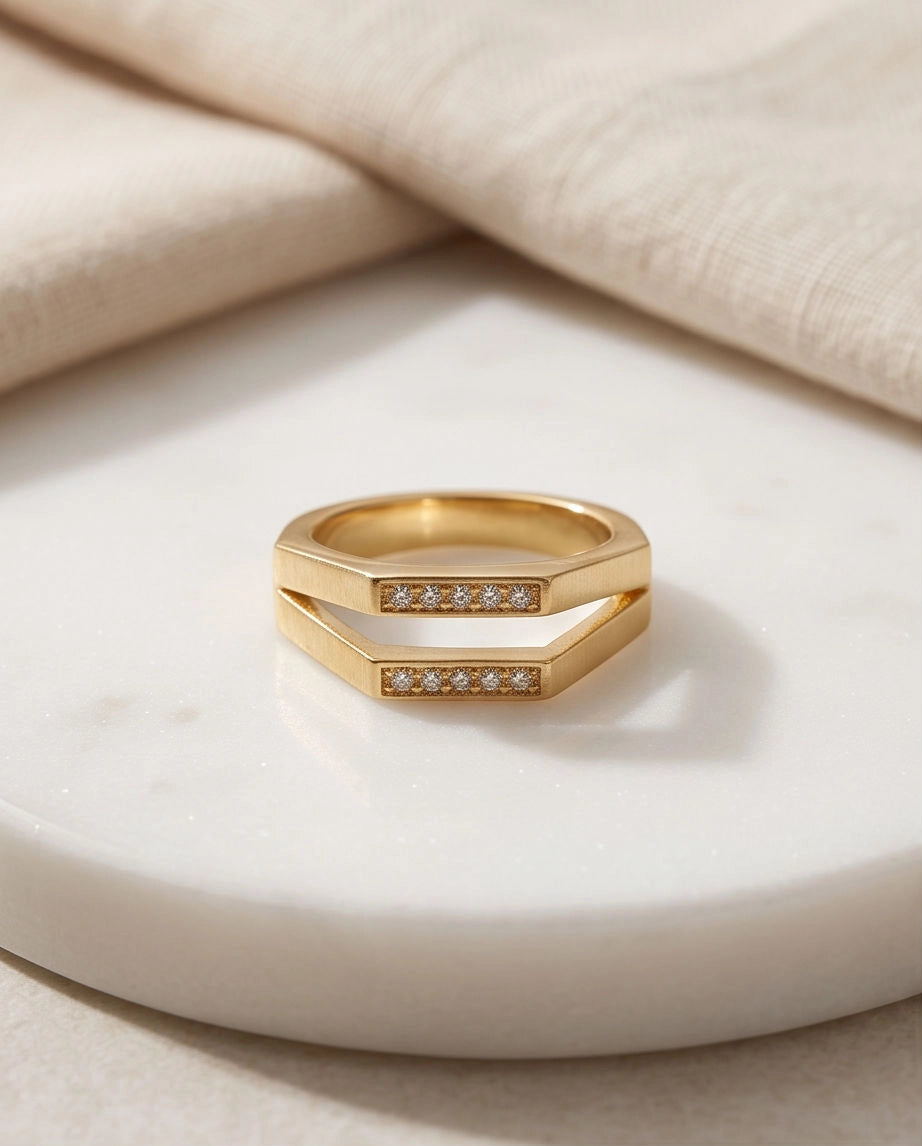 Gold Dual Geometric Bar Micro-Pavé Ring
