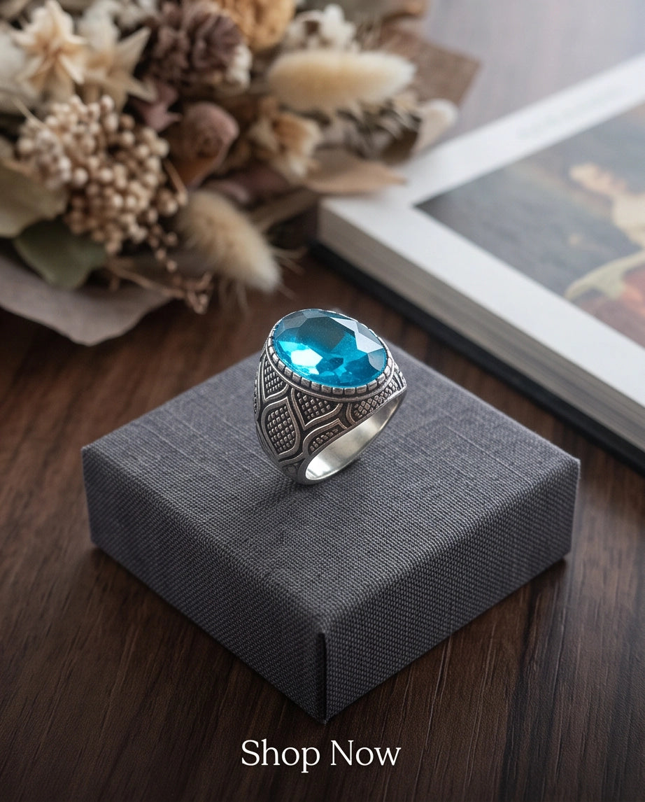 Aquamarine Gemstone Beaded Bezel Lattice Silver Ring