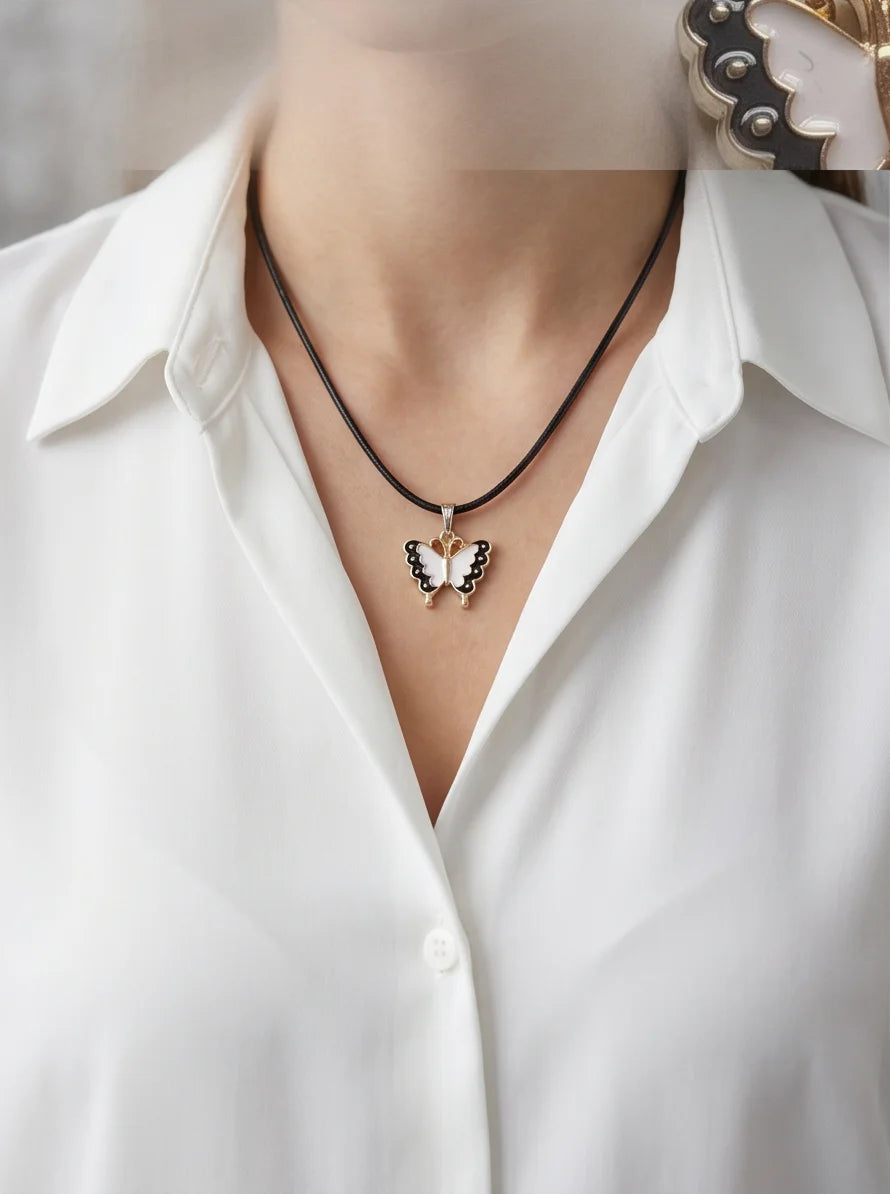 Black & White Enamel Butterfly Pendant Necklace