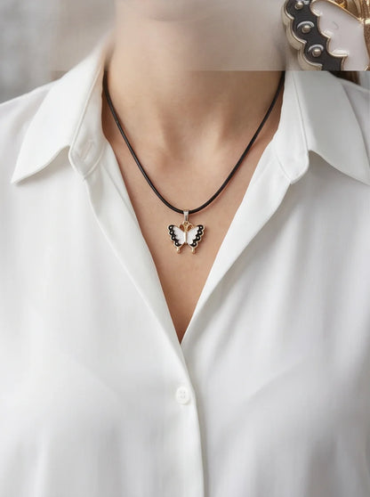 Black & White Enamel Butterfly Pendant Necklace