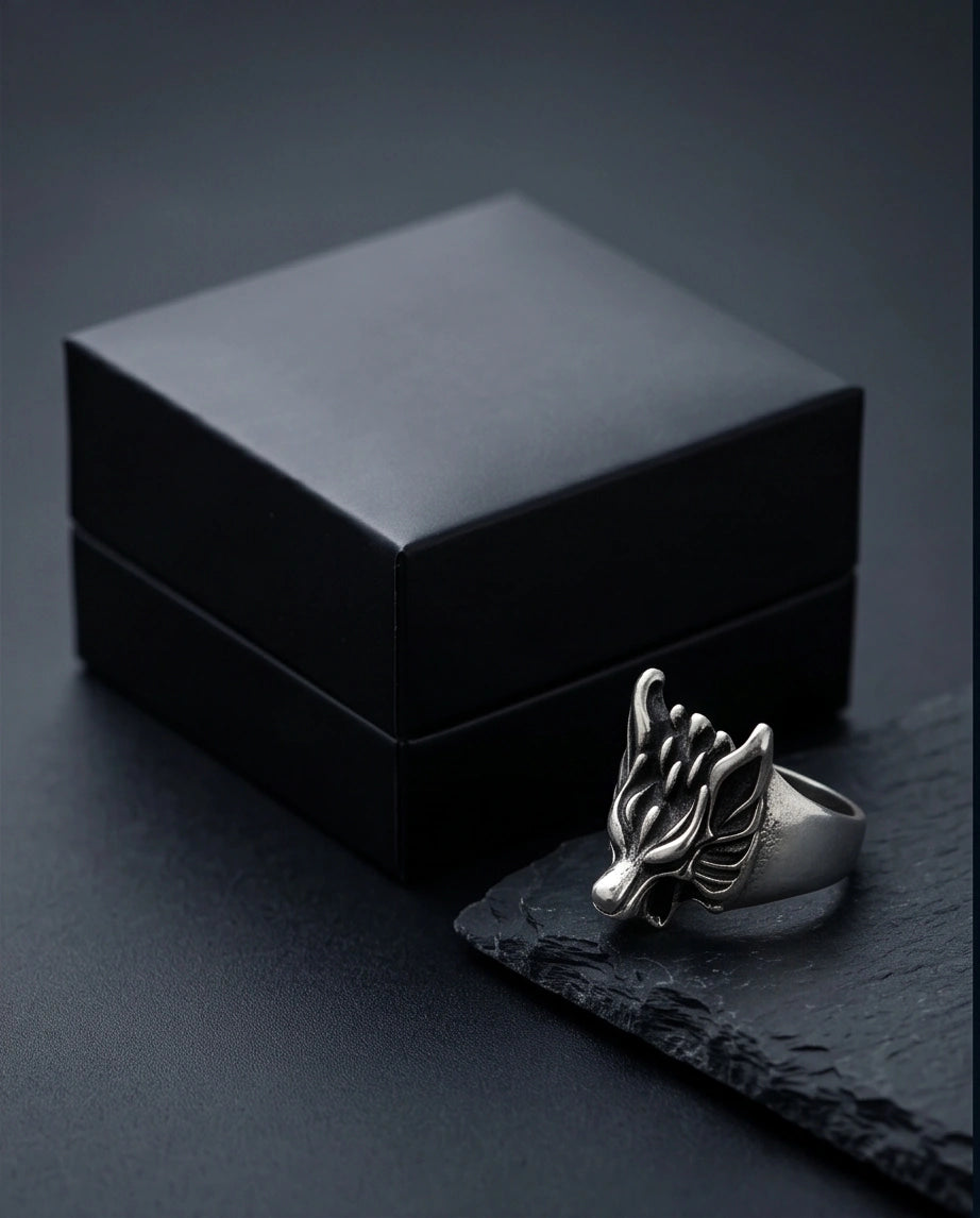 Vintage Oxidized Silver Mythical Wolf Crest Ring