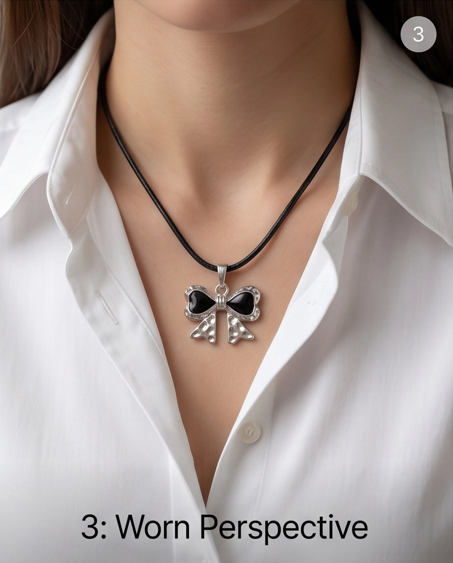 Black Enamel Ribbon Bow Pendant Necklace
