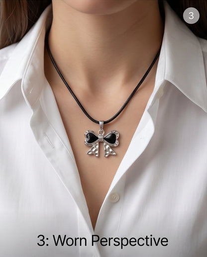 Black Enamel Ribbon Bow Pendant Necklace