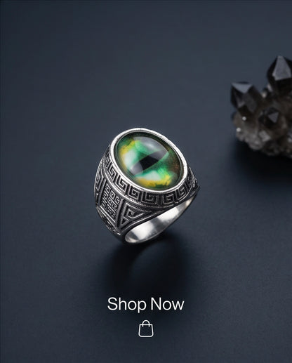 Emerald Green Slit-Pupil Dragon-Eye Greek Key Silver Ring