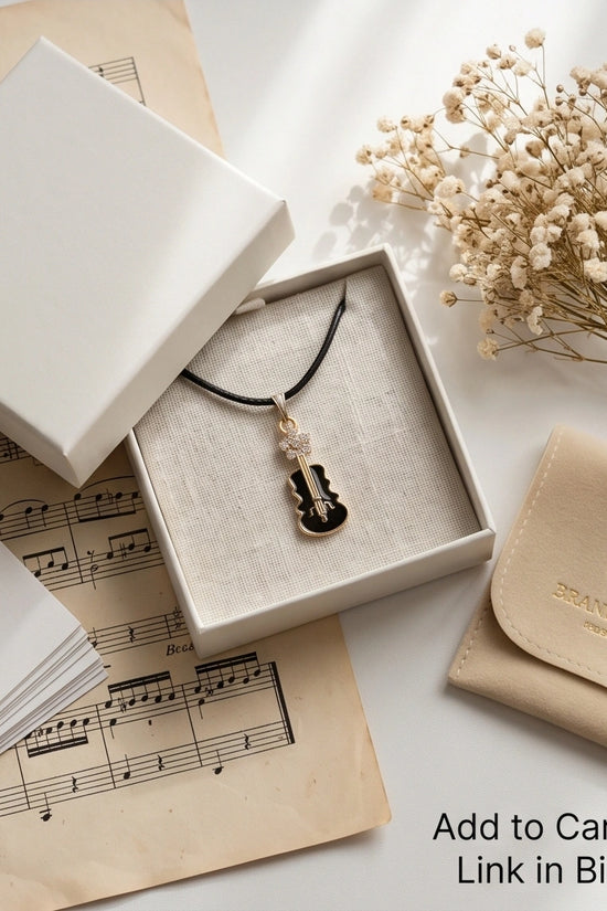 Gold and Black Enamel Violin Necklace