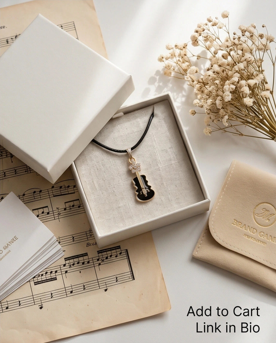 Gold and Black Enamel Violin Necklace