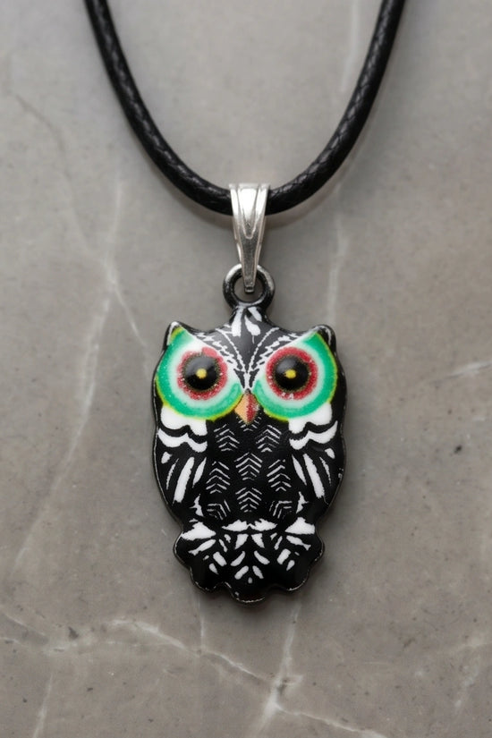 Mystic Green-Eyed Tribal Owl Pendant Necklace