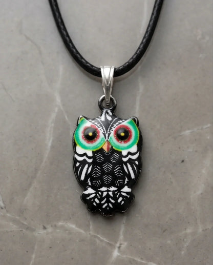 Mystic Green-Eyed Tribal Owl Pendant Necklace