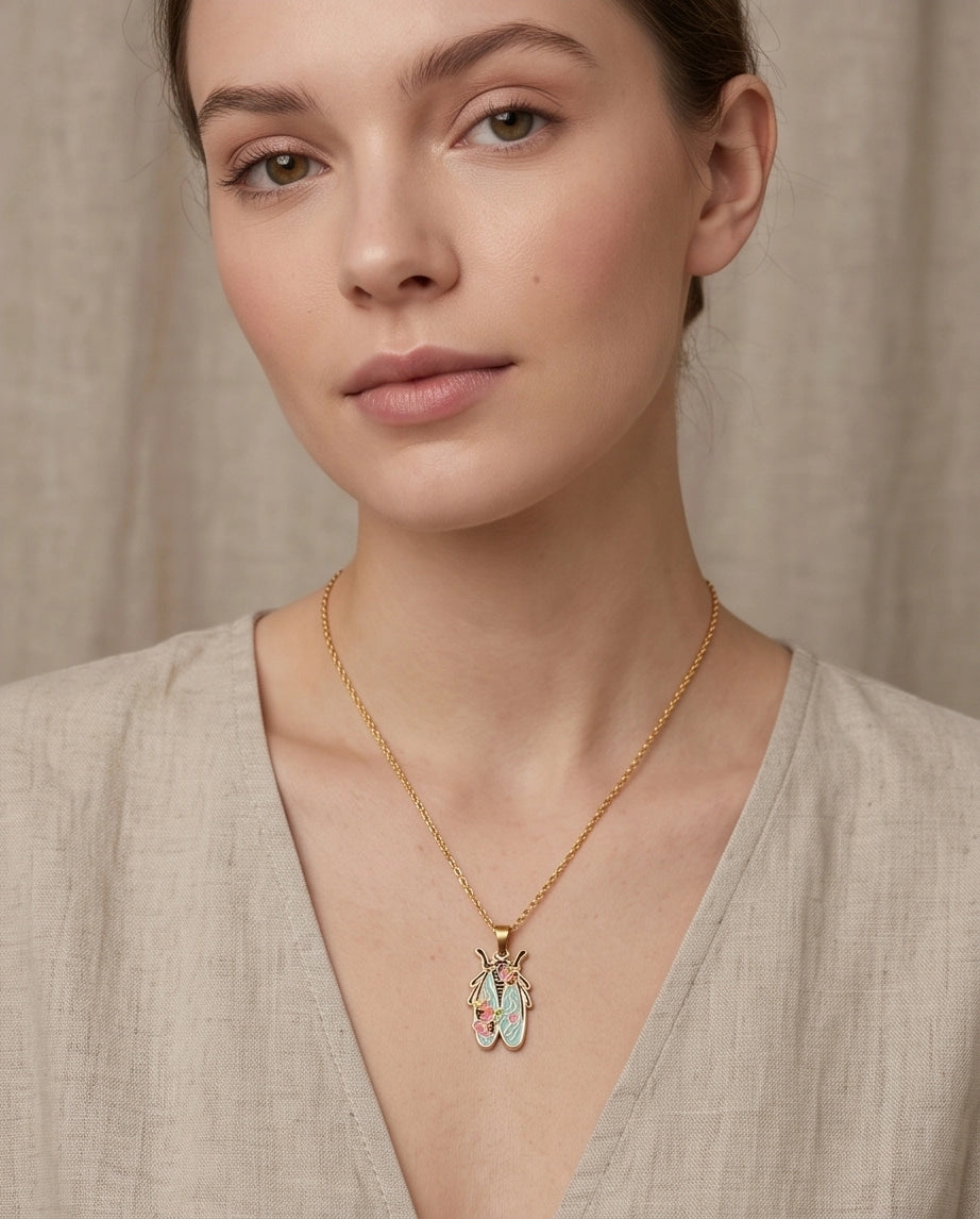 Gold Floral Cicada Enamel Chain Necklace