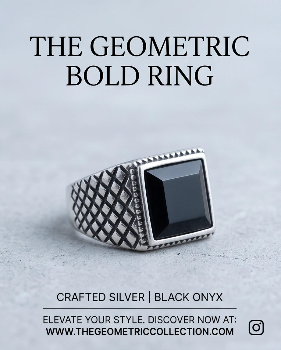 Pyramid Cut Onyx-Style Sawtooth Diamond-Mesh Silver Ring