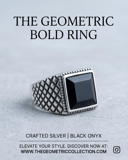 Pyramid Cut Onyx-Style Sawtooth Diamond-Mesh Silver Ring