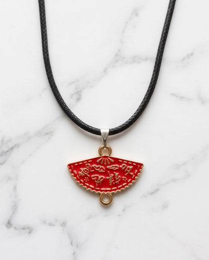 Crimson Calligraphy Fan Pendant Necklace