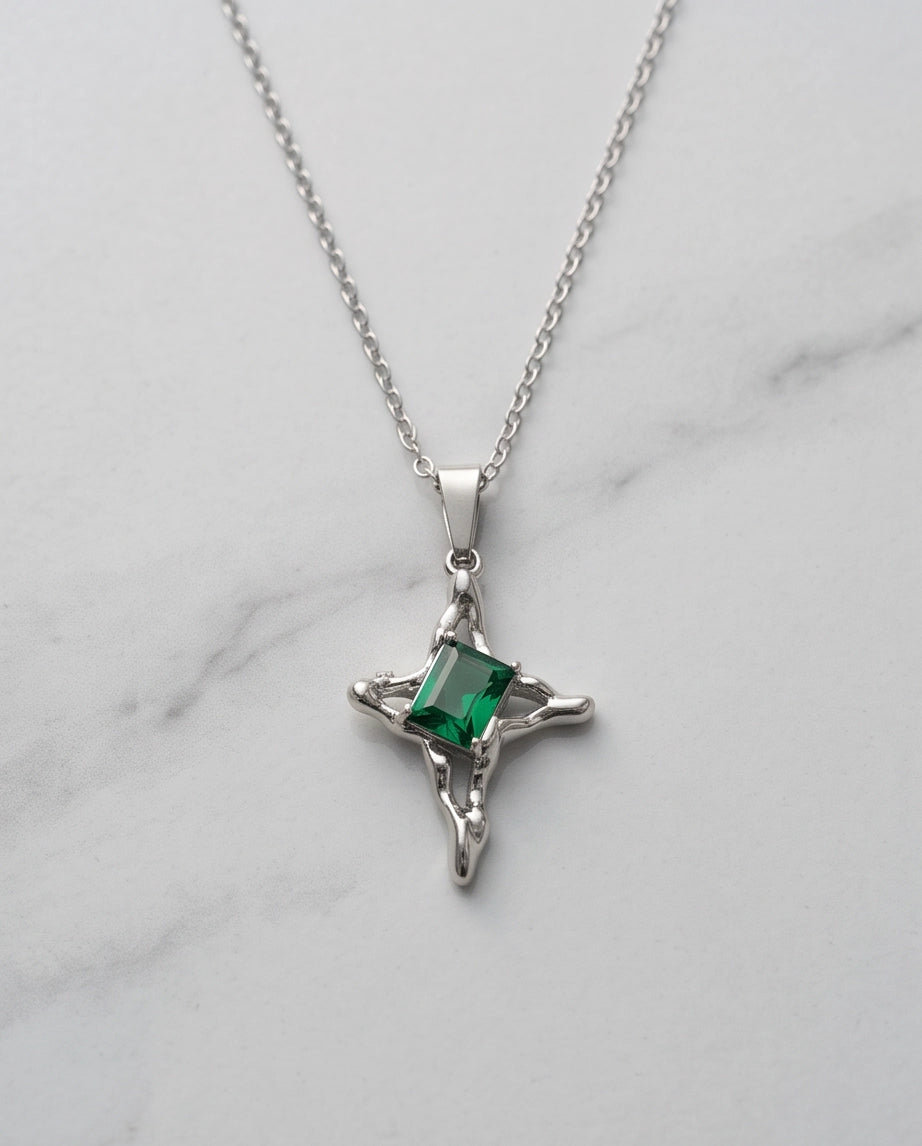 Silver Emerald Gemstone Gothic Cross Pendant Necklace