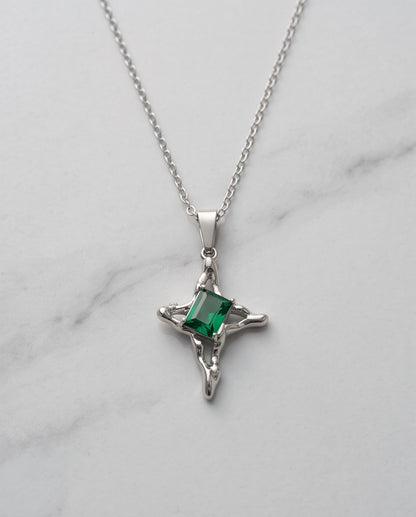 Silver Emerald Gemstone Gothic Cross Pendant Necklace