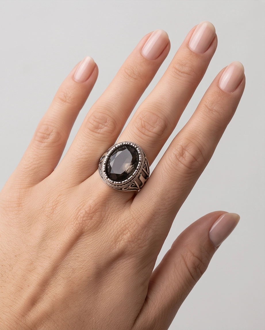 Smoky Quartz Oval-Cut Gemstone Beaded Bezel Silver Ring