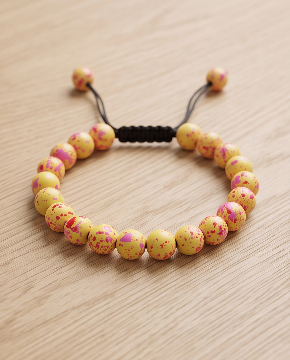 Yellow & Pink Splatter Paint Beaded Adjustable Macrame Bracelet
