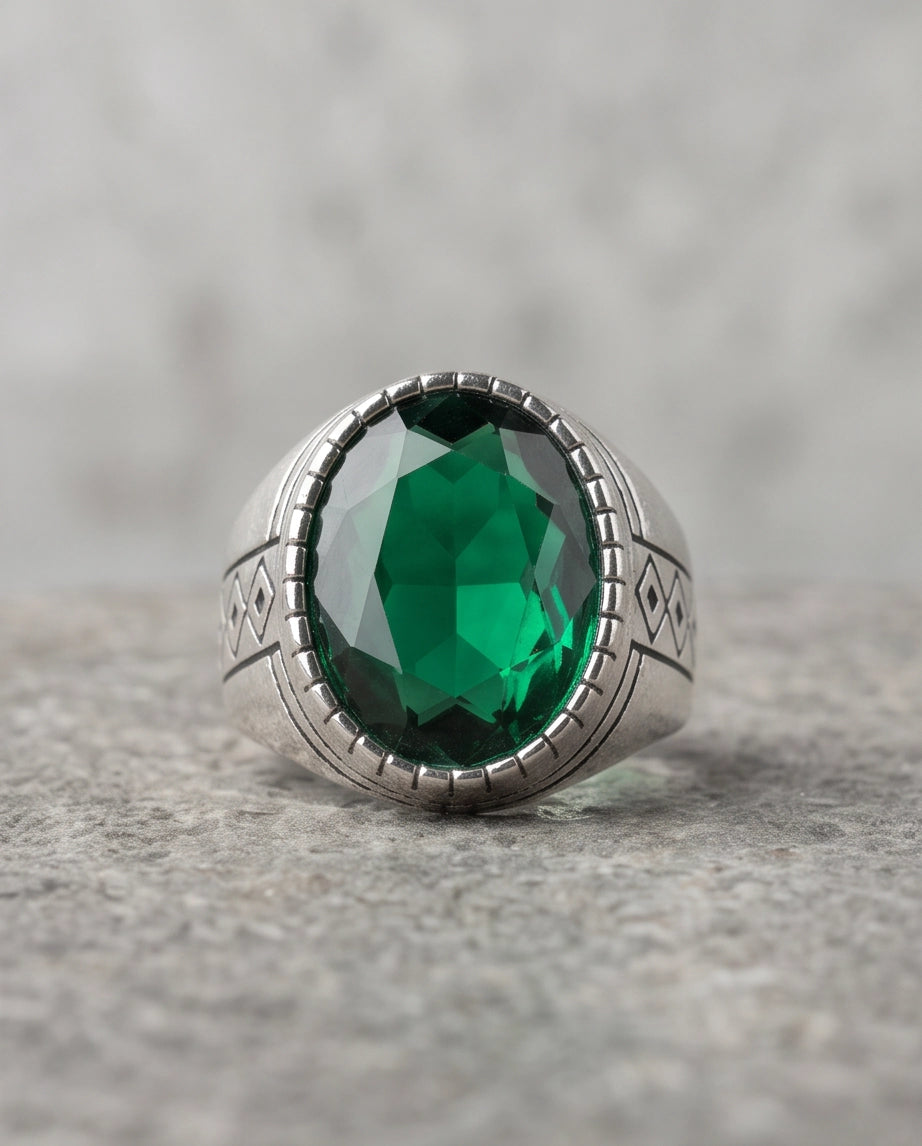 Emerald Gemstone Notched Bezel Geometric Diamond Silver Ring