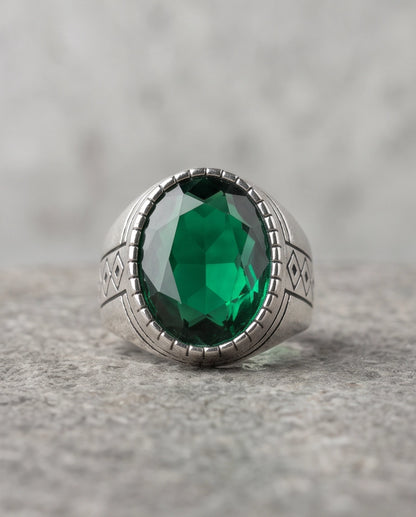 Emerald Gemstone Notched Bezel Geometric Diamond Silver Ring