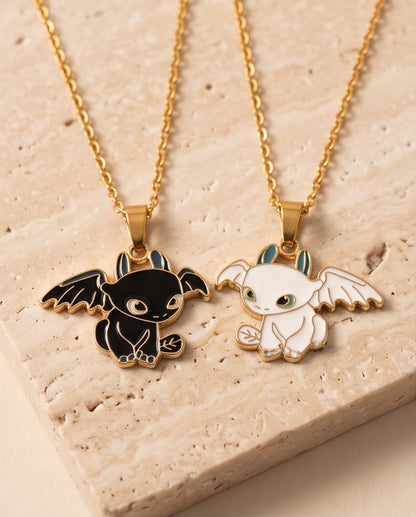 Gold Dragon Couple Enamel Pendant Necklace Set