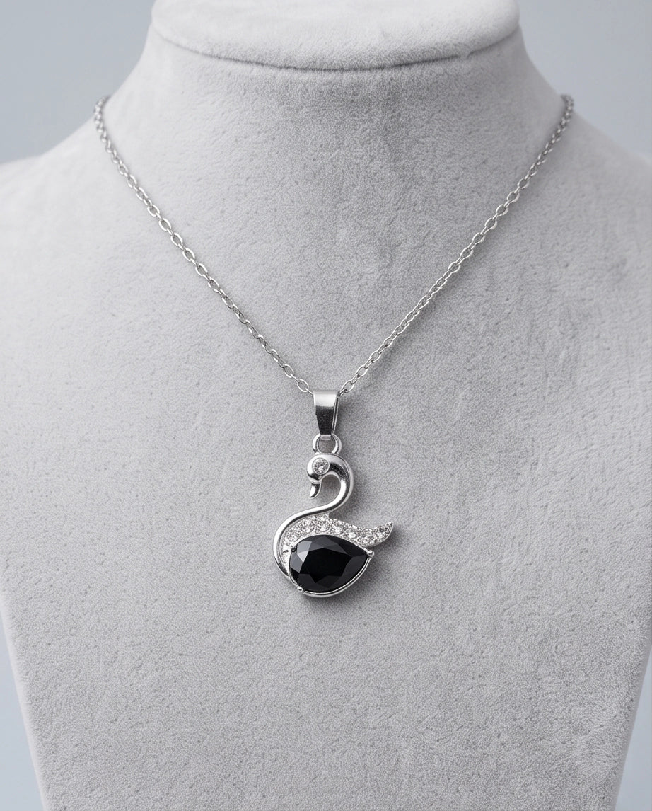 Silver Black Crystal Swan Pendant Necklace