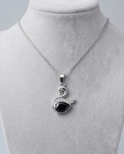 Silver Black Crystal Swan Pendant Necklace