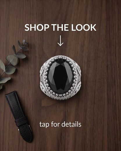 Black Gemstone Double Beaded Frame Studded Silver Ring
