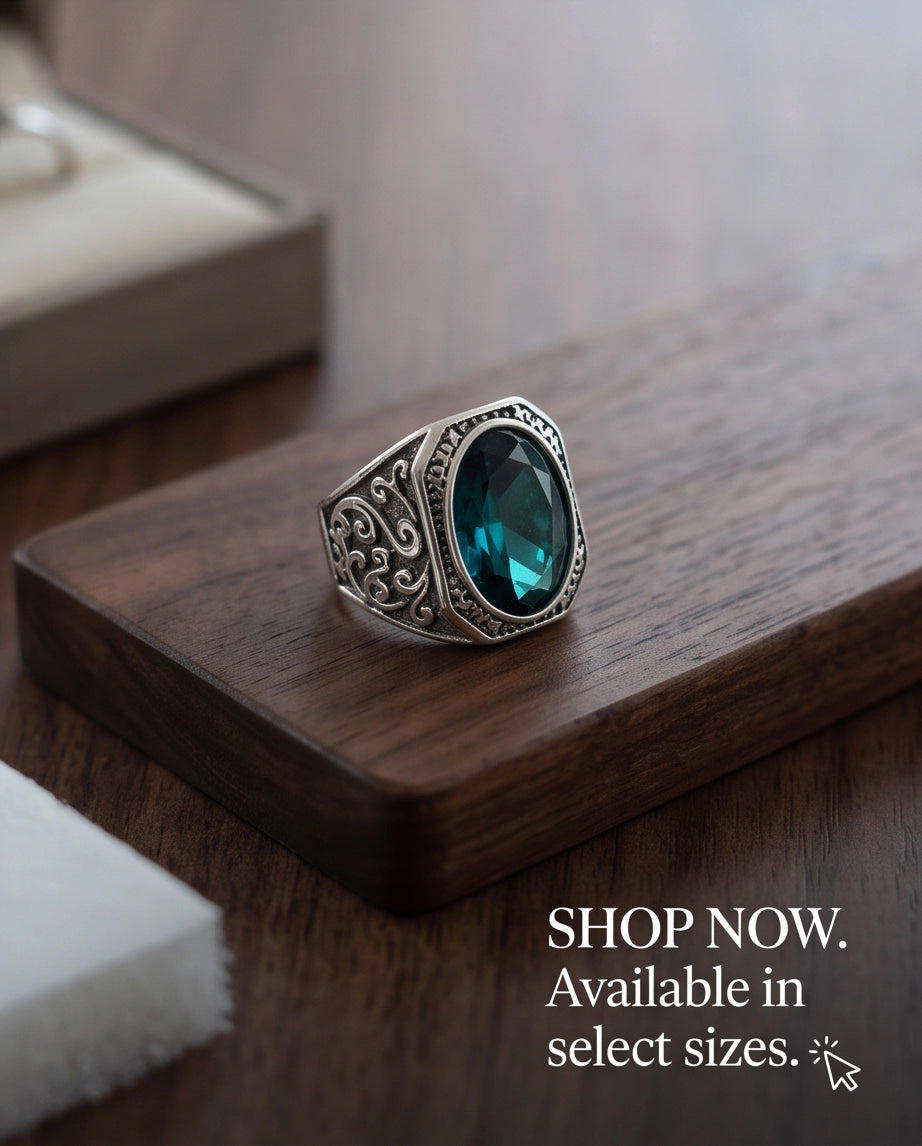 Teal Gemstone Octagonal Bezel Scrollwork Silver Ring