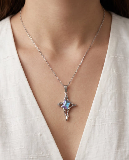 Silver Blue-Purple Gemstone Gothic Cross Pendant Necklace