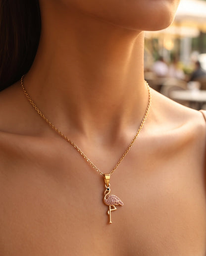 Gold Pink Crystal Paved Flamingo Pendant Necklace