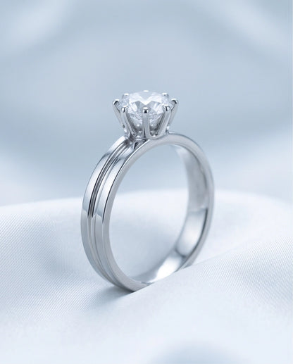 Silver Round Gemstone Grooved Solitaire Ring