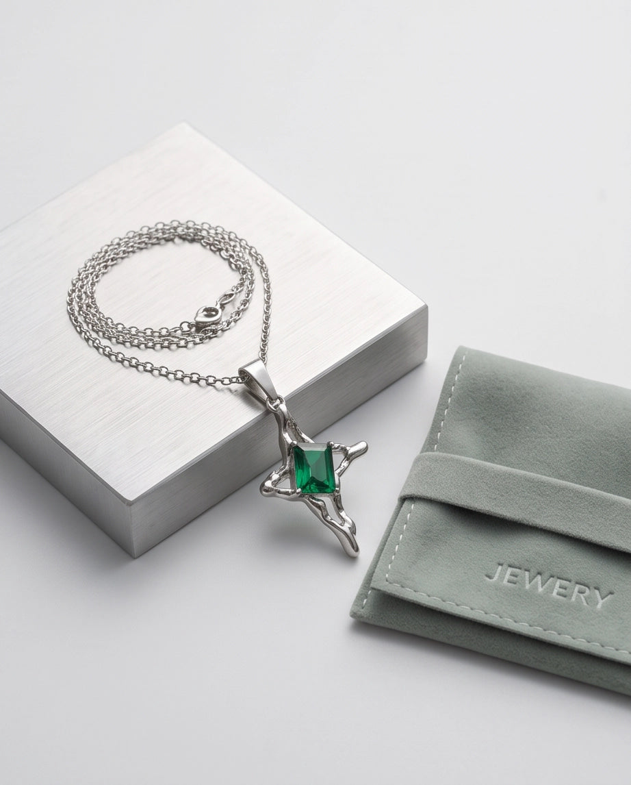 Silver Emerald Gemstone Gothic Cross Pendant Necklace