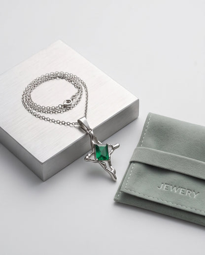 Silver Emerald Gemstone Gothic Cross Pendant Necklace