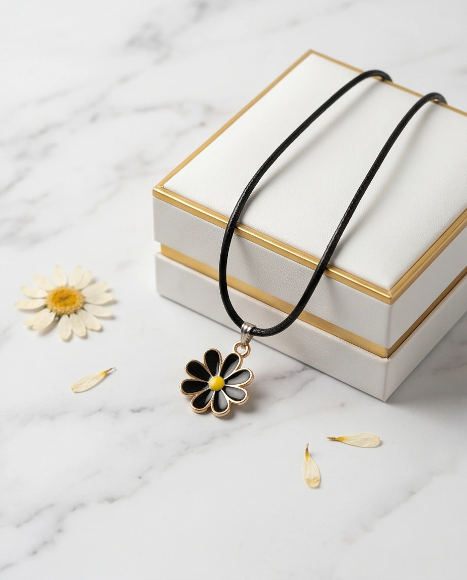 Gold and Black Daisy Pendant Necklace