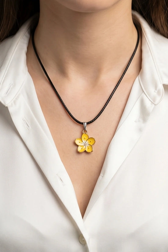 Mellow Yellow Cherry Blossom Enamel Pendant Necklace