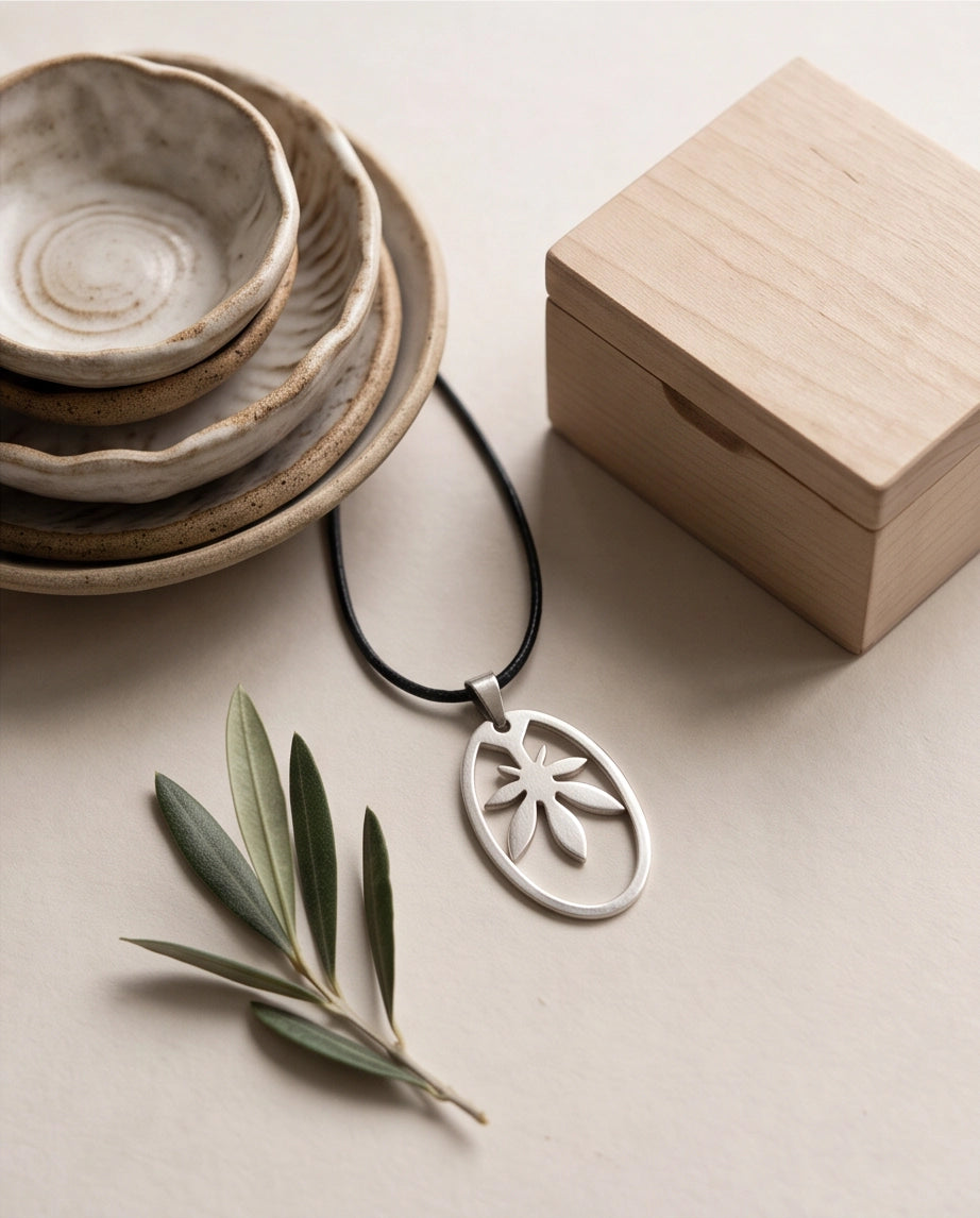 Brushed Silver Leaf Oval Cord Necklace