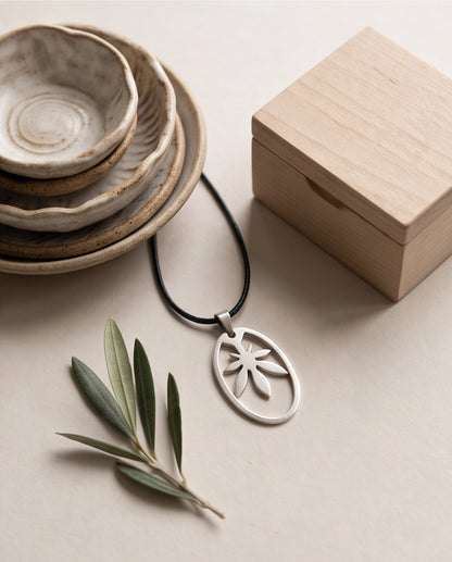 Brushed Silver Leaf Oval Cord Necklace