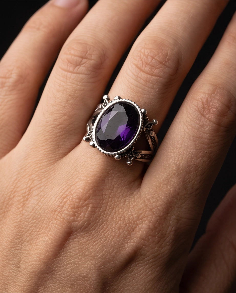 Amethyst Gemstone Fluted Bezel Sword-Cross Silver Ring