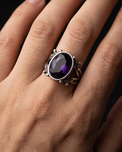 Amethyst Gemstone Fluted Bezel Sword-Cross Silver Ring