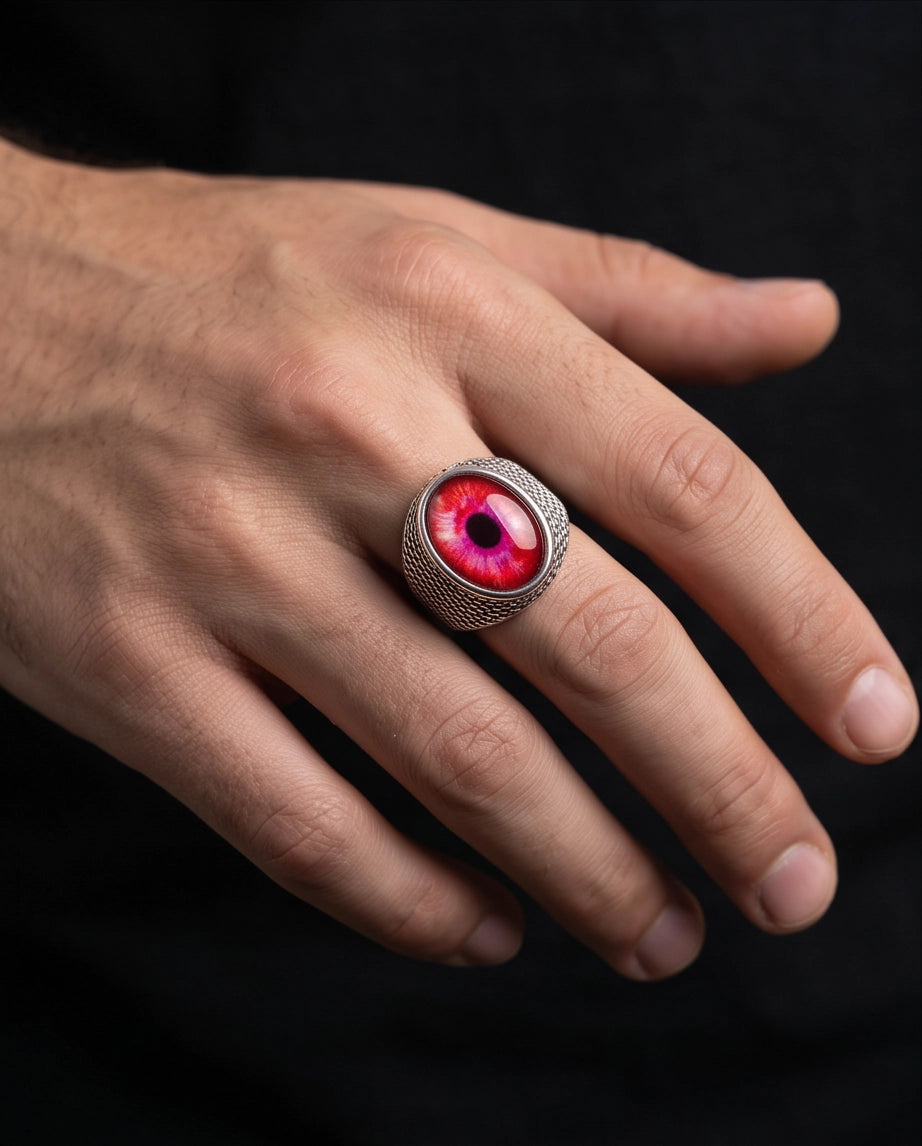 Crimson Evil Eye Cabochon Scale-Band Silver Ring