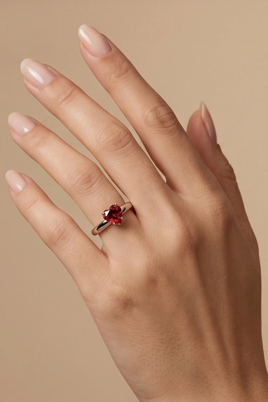 Sterling Silver Heart-Cut Red Garnet Solitaire Ring