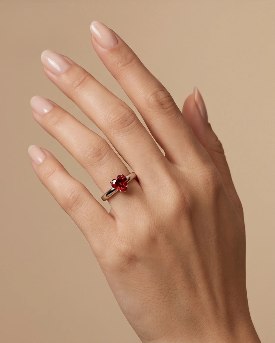 Sterling Silver Heart-Cut Red Garnet Solitaire Ring