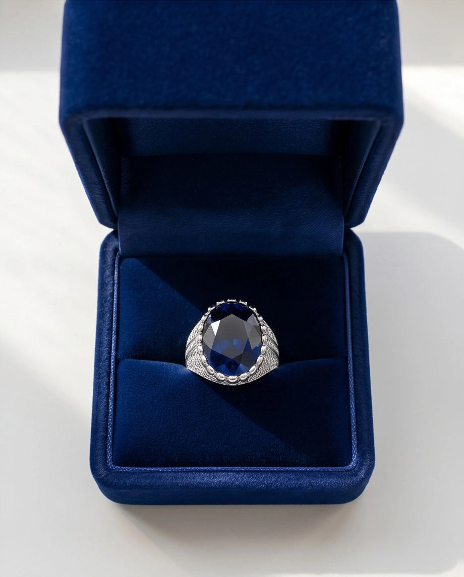 Oxidized Silver Large Oval Sapphire Filigree Signet Ring