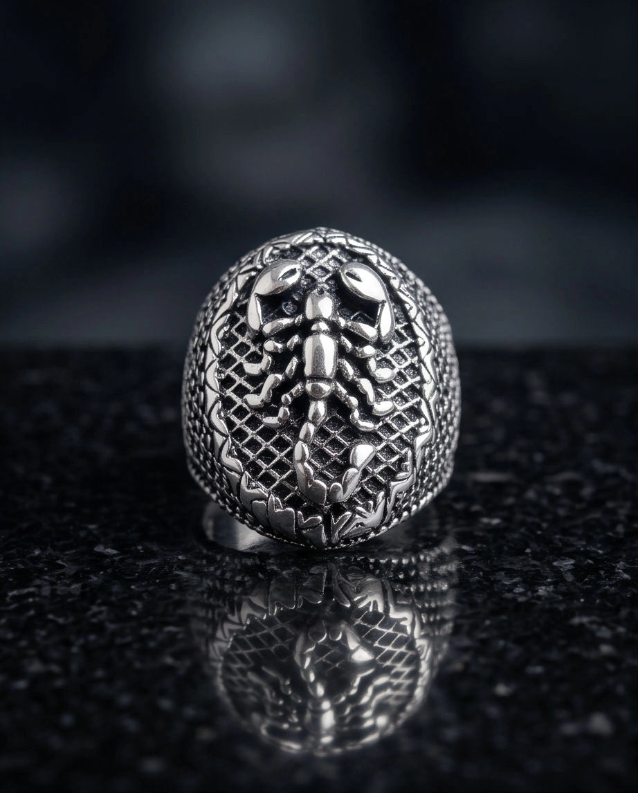Oxidized Silver Sculpted Scorpion Mesh Ring