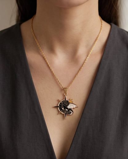 Gold Celestial Compass Dragon Black & White Enamel Pendant Necklace