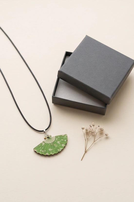 Vintage Green Matcha Floral Hand-Fan Pendant Necklace