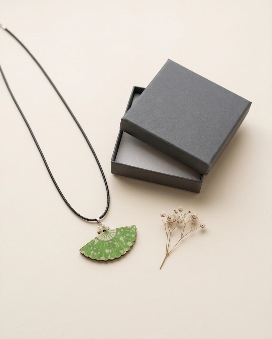 Vintage Green Matcha Floral Hand-Fan Pendant Necklace