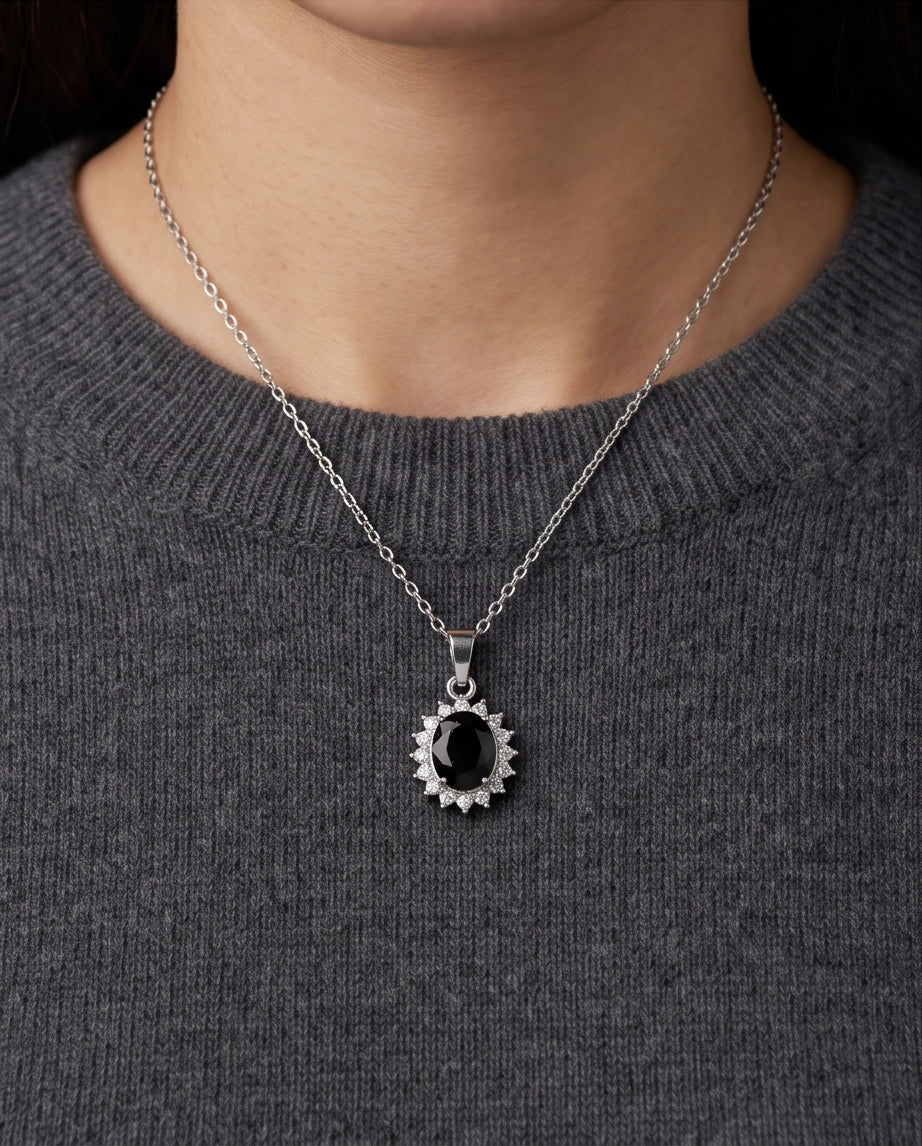 Silver Black Gem Oval Halo Medallion Pendant Necklace
