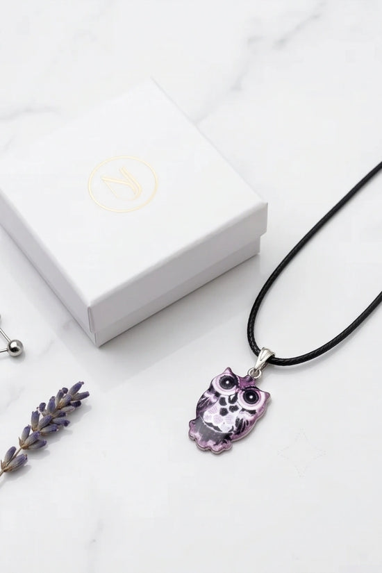 Mystical Purple Watercolor Owl Totem Pendant Necklace