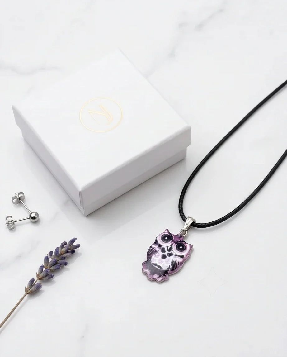 Mystical Purple Watercolor Owl Totem Pendant Necklace