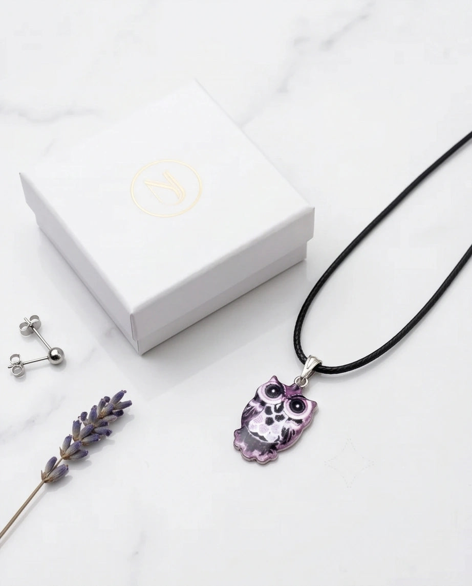 Mystical Purple Watercolor Owl Totem Pendant Necklace